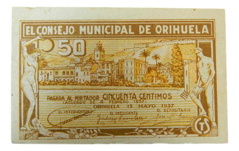 ORIHUELA - BILLETE - 50 CENTIMOS - AGB 1044 D - 13 MAYO 1937 - EBC+