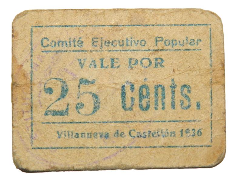 VILLANUEVA DE CASTELLON - BILLETE - 25 CENTIMOS - AGB 1612 B