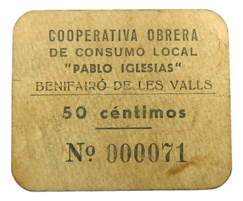 BENIFAIRO DE LES VALLS - BILLETE - 50 CENTIMOS - AGB 300 B - MBC-