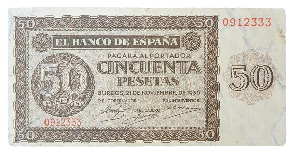 1936 - ESPAÑA - BILLETE - 50 PESETAS - BURGOS - BC