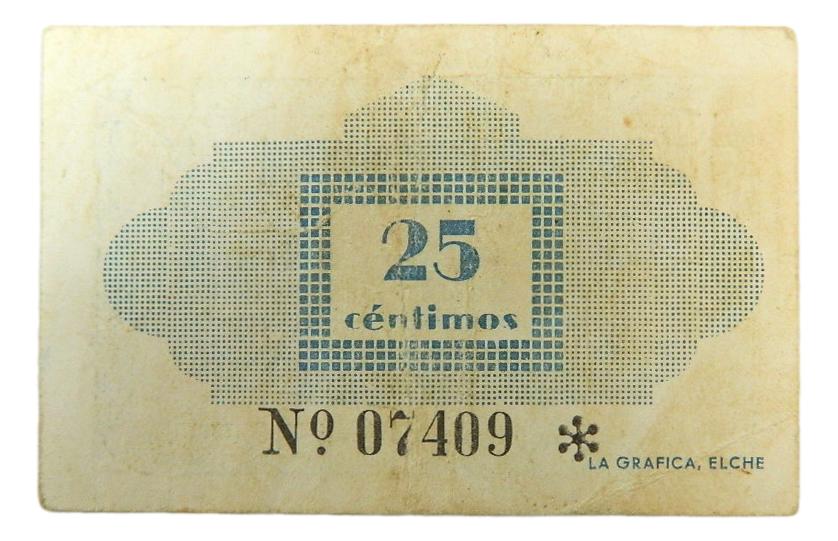 ELCHE - BILLETE - 25 CENTIMOS - 1 JULIO 1937 - AGB 600 A