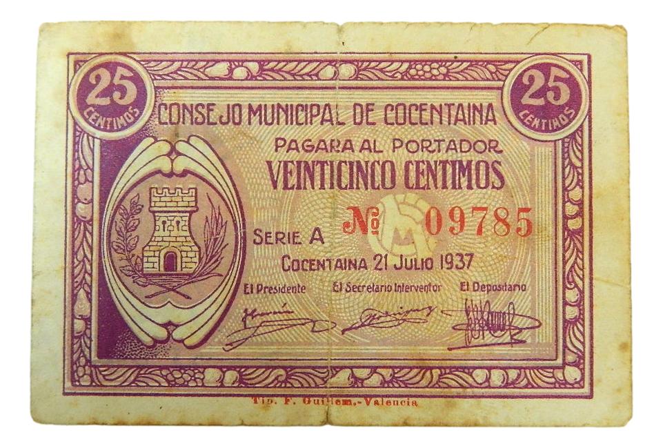 COCENTAINA - BILLETE - 25 CENTIMOS - 21 JULIO 1937 - AGB 546 A