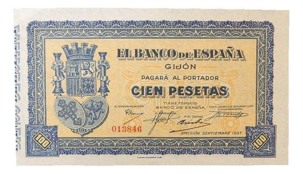 1937 - ESPAÑA - 100 PESETAS - GIJON - BILLETE