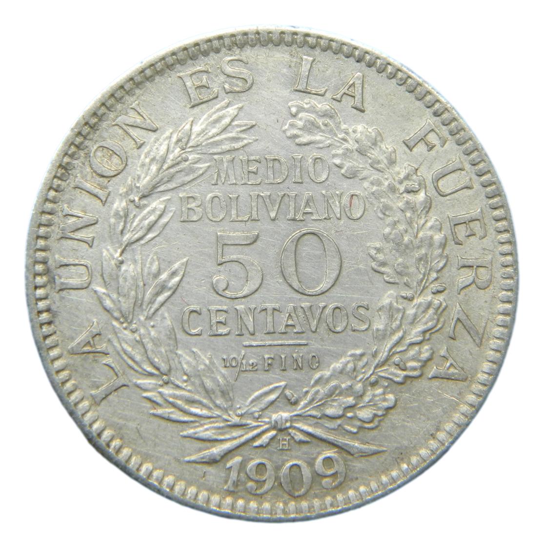 1909 H - BOLIVIA - 50 CENTAVOS - 1/2 BOLIVIANO