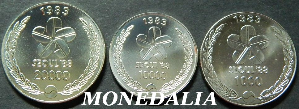 1983 - COREA SUR - COLECCION 3 MONEDAS - 1000, 10 000 Y 20 000 WON - SEOUL 1988 - PLATA - SILVER