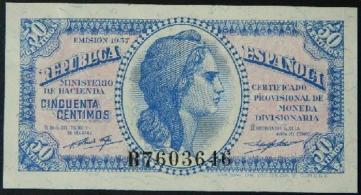 1937 - ESPAÑA - BILLETE - 50 CENTIMOS - REPUBLICA ESPAÑOLA