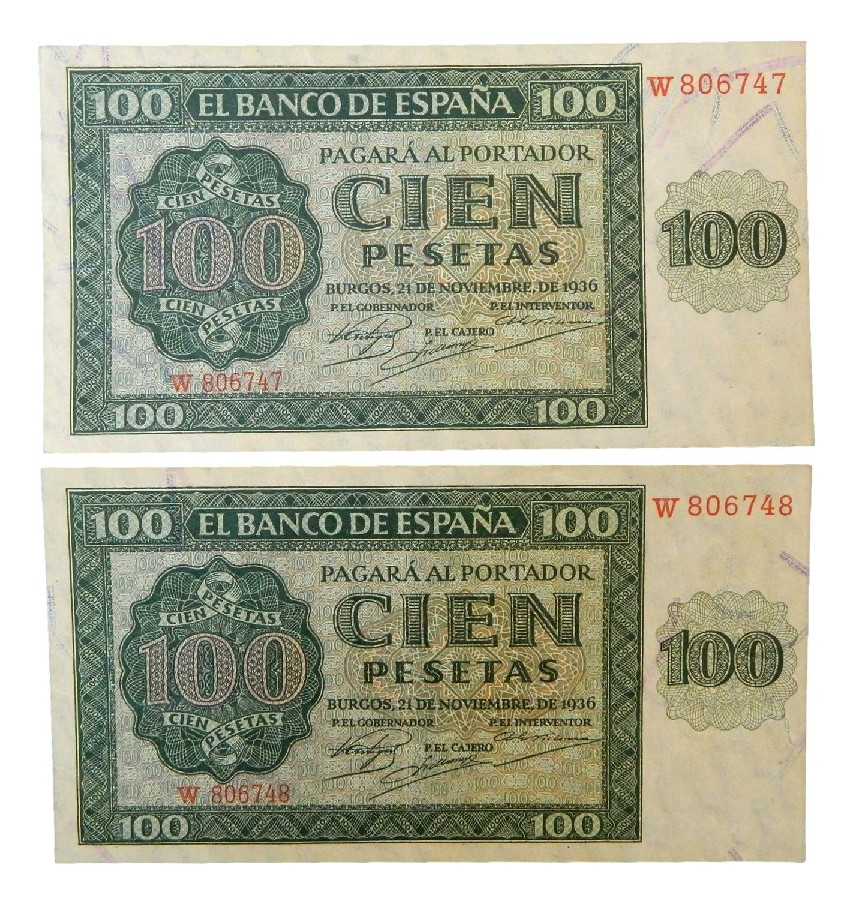 1936 - ESPAÑA - PAREJA BILLETES - 100 PESETAS - BURGOS