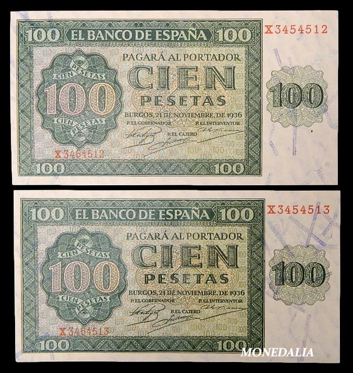 1936 - ESPAÑA - PAREJA BILLETES - 100 PESETAS - EBC+