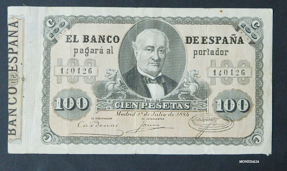 1884 - 100 PESETAS - MON - RARO BILLETE CLASICO - MBC+