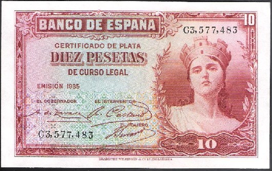 1935 -ESPAÑA - BILLETE -10 PESETAS - BRAD BURY WILKINSON & EMISION EN INGLATERRA - EBC+