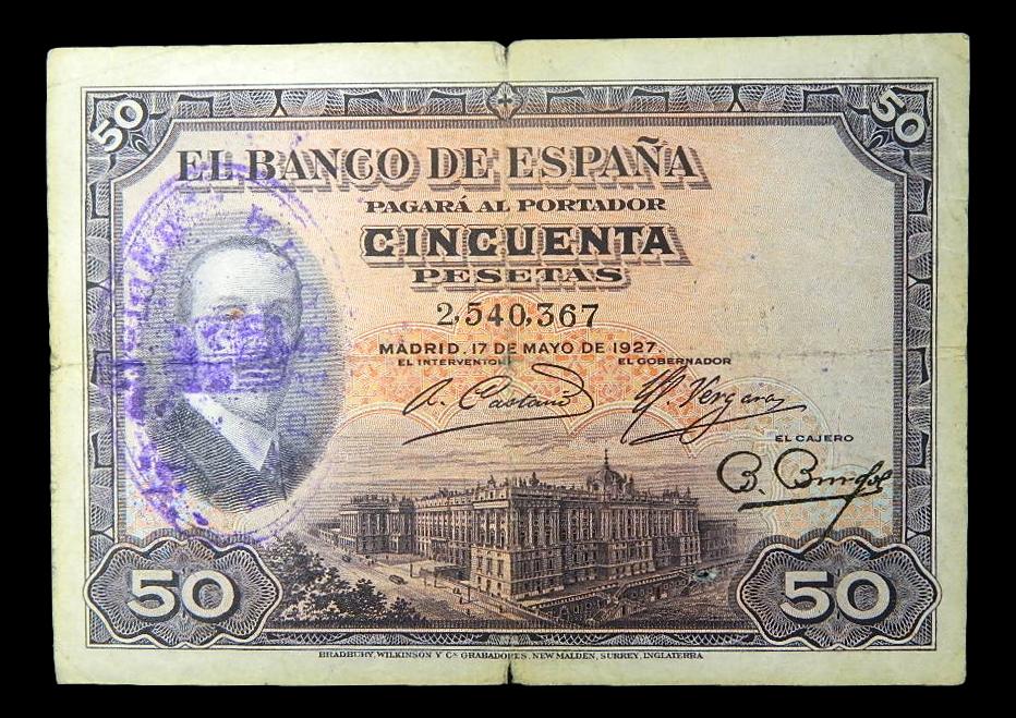 1927 - ESPAÑA - BILLETE - 50 PESETAS - REPUBLICA - CON SELLOS - BC
