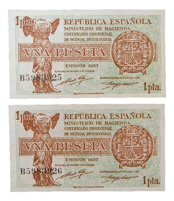 1937 - ESPAÑA - PAREJA BILLETES - 1 PESETA - SERIE B - SC