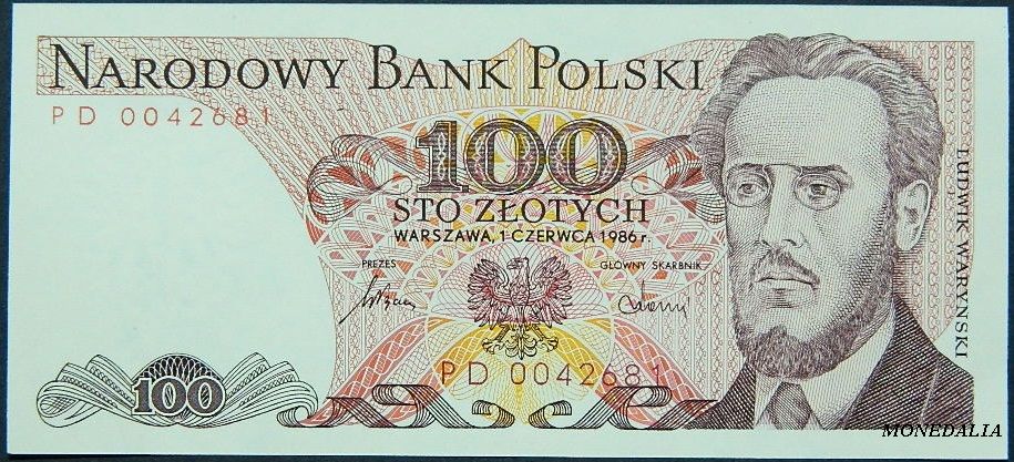 1986 - POLONIA - 100 ZLOTYCH - PICK 143 - LUDWIK WARYNSKI - POLAND - S/C