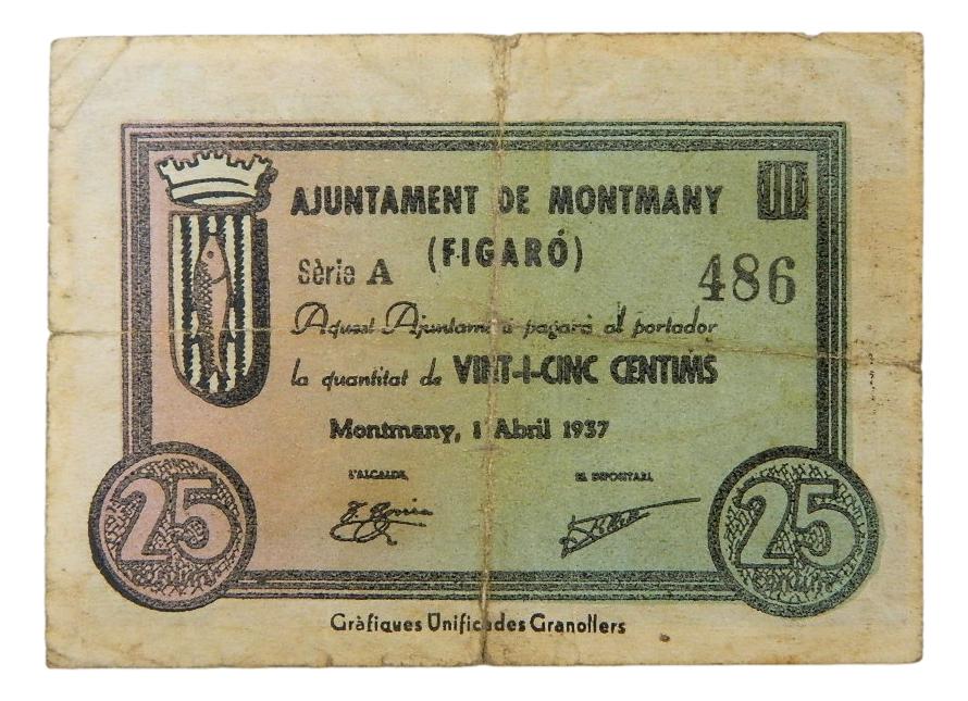 Ajuntament de Montmany Figaró, 25 ctms.serie A 1 abril 1937 - AT-9585 - MBC