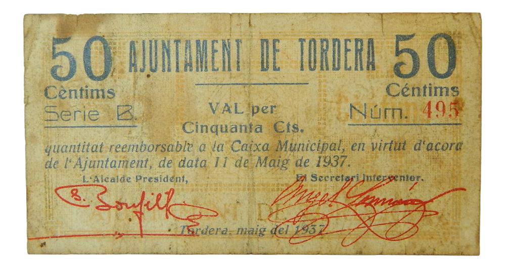Ajuntament de Tordera, 50 ctms. 11 de maig del 1937 - AT-2511 - BC+