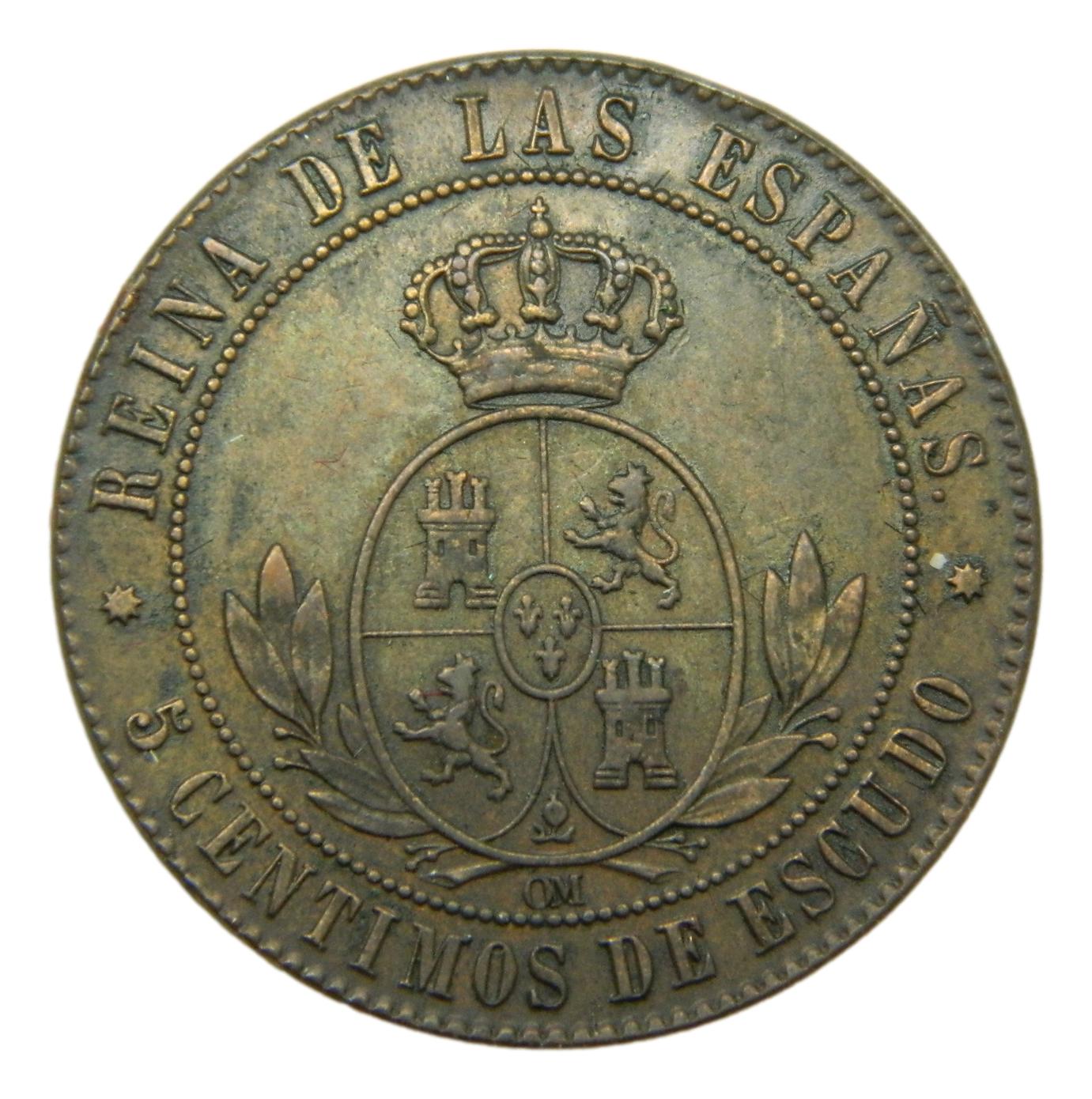 1868 - ISABEL II - 5 CENTIMOS DE ESCUDO - BARCELONA - OM