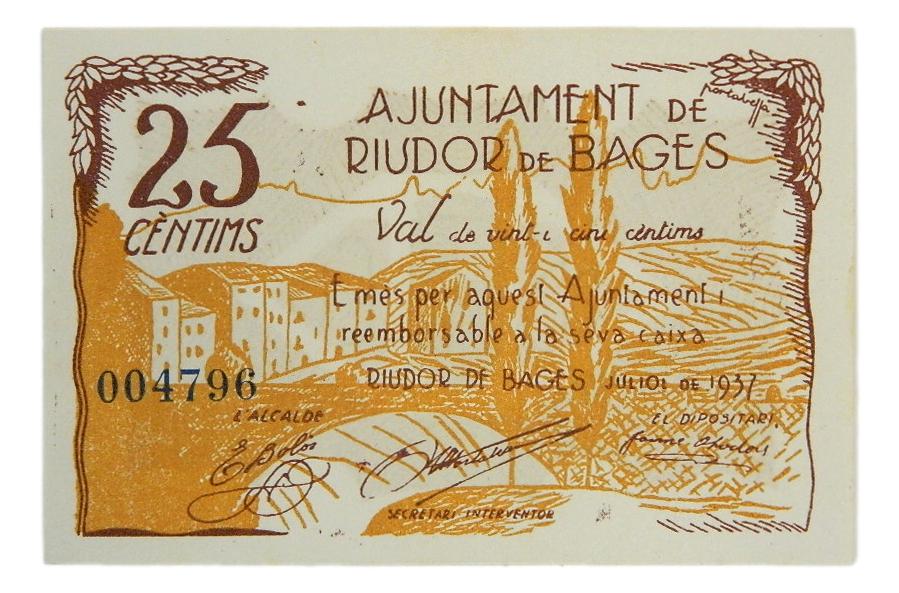 RIUDOR DE BAGES - BILLETE - 25 CENTIMOS - 1937