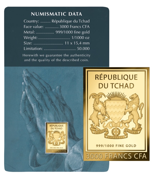 MANOS - ALBERTO DURERO - MONEDA DE ORO FINO - 1/1000 OZ - 3000 FRANCS CFA - TCHAD - COINCARD