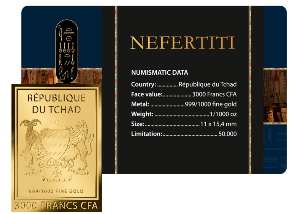 NEFERTITI -  MONEDA DE ORO FINO - 1/1000 OZ - 3000 FRANCS CFA - TCHAD - COINCARD