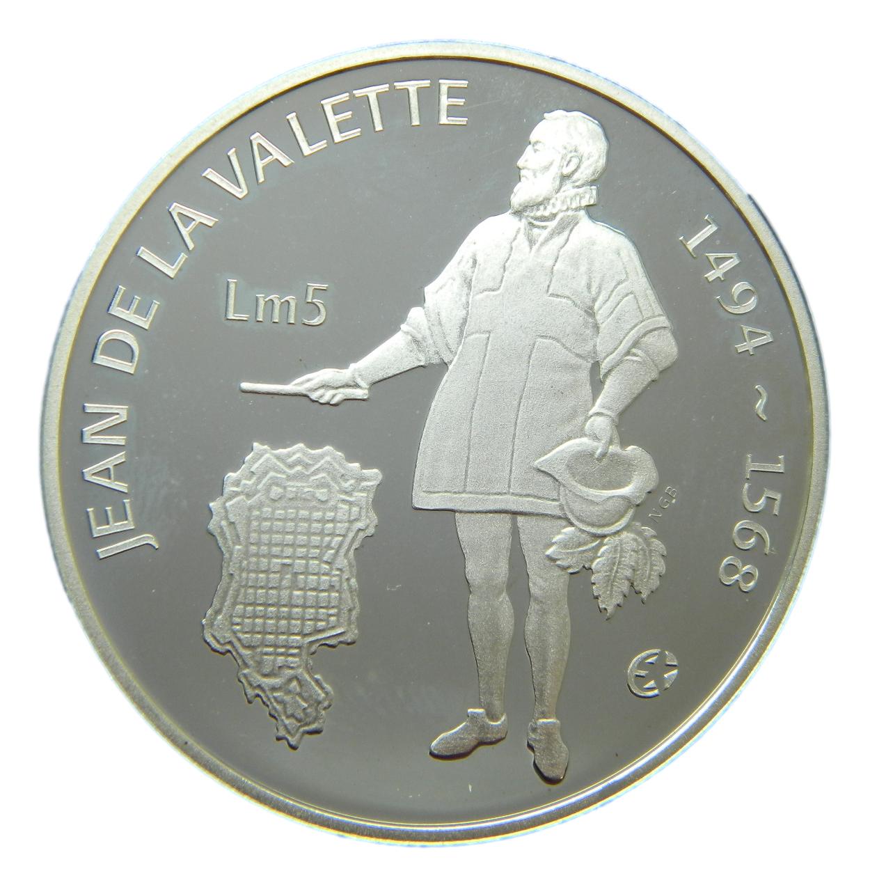 2007 - MALTA - 5 LIRAS - JEAN PARISOT DE VALETTE - PLATA PROOF
