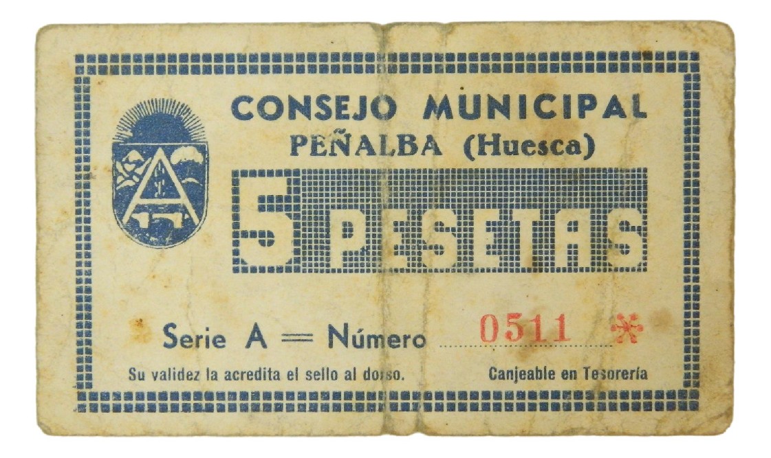 CONSEJO MUNICIPAL PEÑALBA - HUESCA - BILLETE - 5 PESETAS - SERIE A - BC-