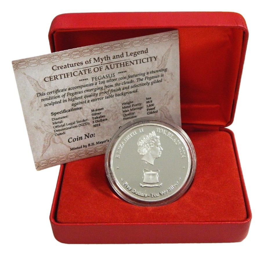 2014 - TOKELAU - 5 DOLLARS - ONZA PLATA - PEGASO - SILUETA DORADA