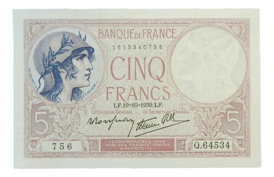 1939 - FRANCIA - BILLETE - 5 FRANCS - PICK 83 - EBC+