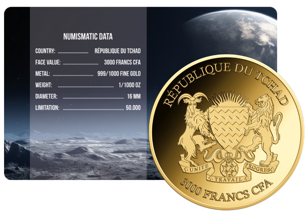 LLEGADA A LA LUNA -  MONEDA DE ORO FINO - 1/1000 OZ - 3000 FRANCS CFA - TCHAD - COINCARD