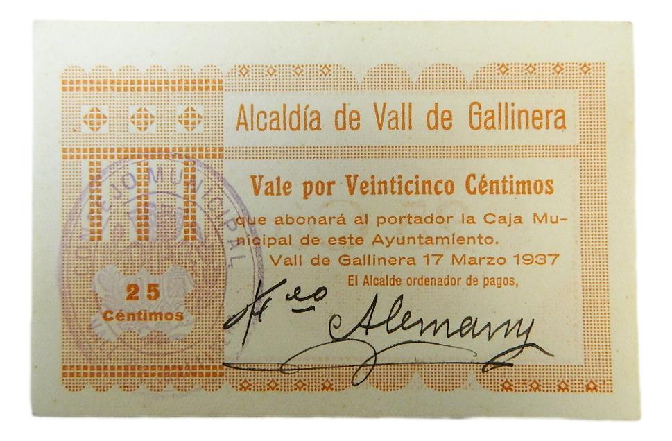 VALL DE GALLINERA - BILLETE - 25 CENTIMOS - AGB 1515 A - 17 MARZO 1937 - SC