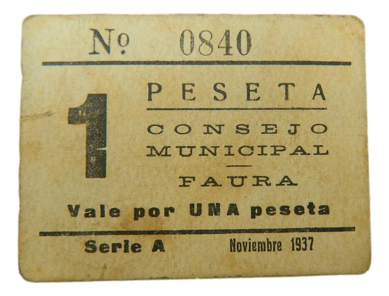 FAURA - BILLETE - 1 PESETA - AGB 834 F - NOVIEMBRE 1937 - EBC+