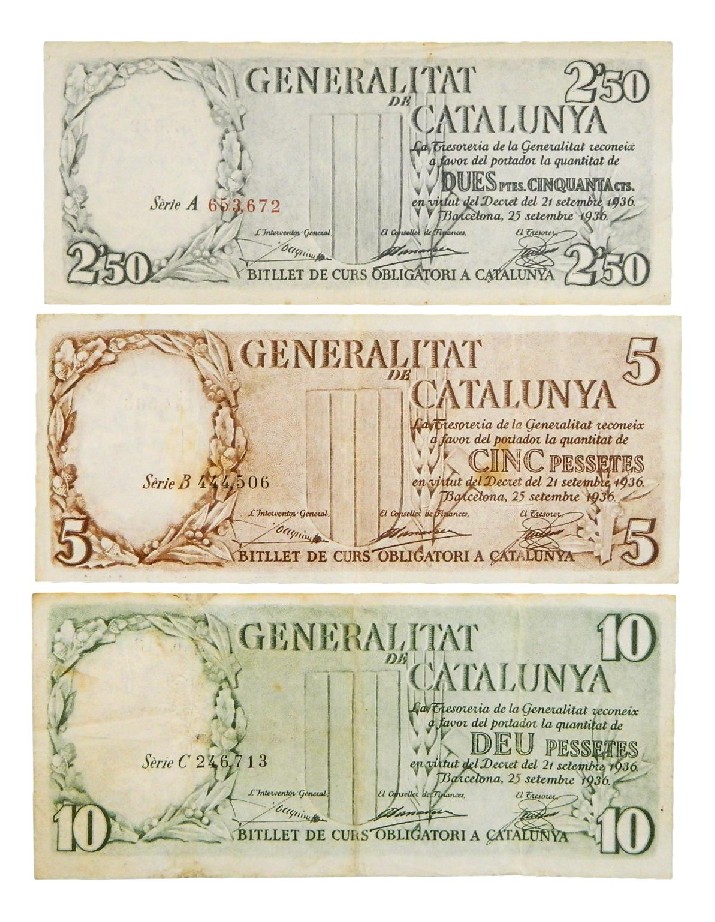 1936 - GENERALITAT DE CATALUNYA - SERIE 3 BILLETES - PESETAS - BC+