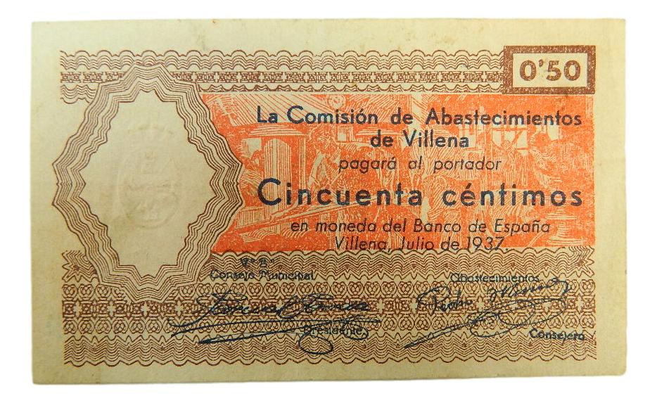 VILLENA - BILLETE - 50 CENTIMOS - AGB 1632 B - JULIO 1937 - MBC+