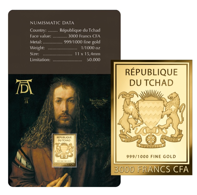 AUTORRETRATO - ALBERTO DURERO - MONEDA DE ORO FINO - 1/1000 OZ - 3000 FRANCS CFA - TCHAD - COINCARD
