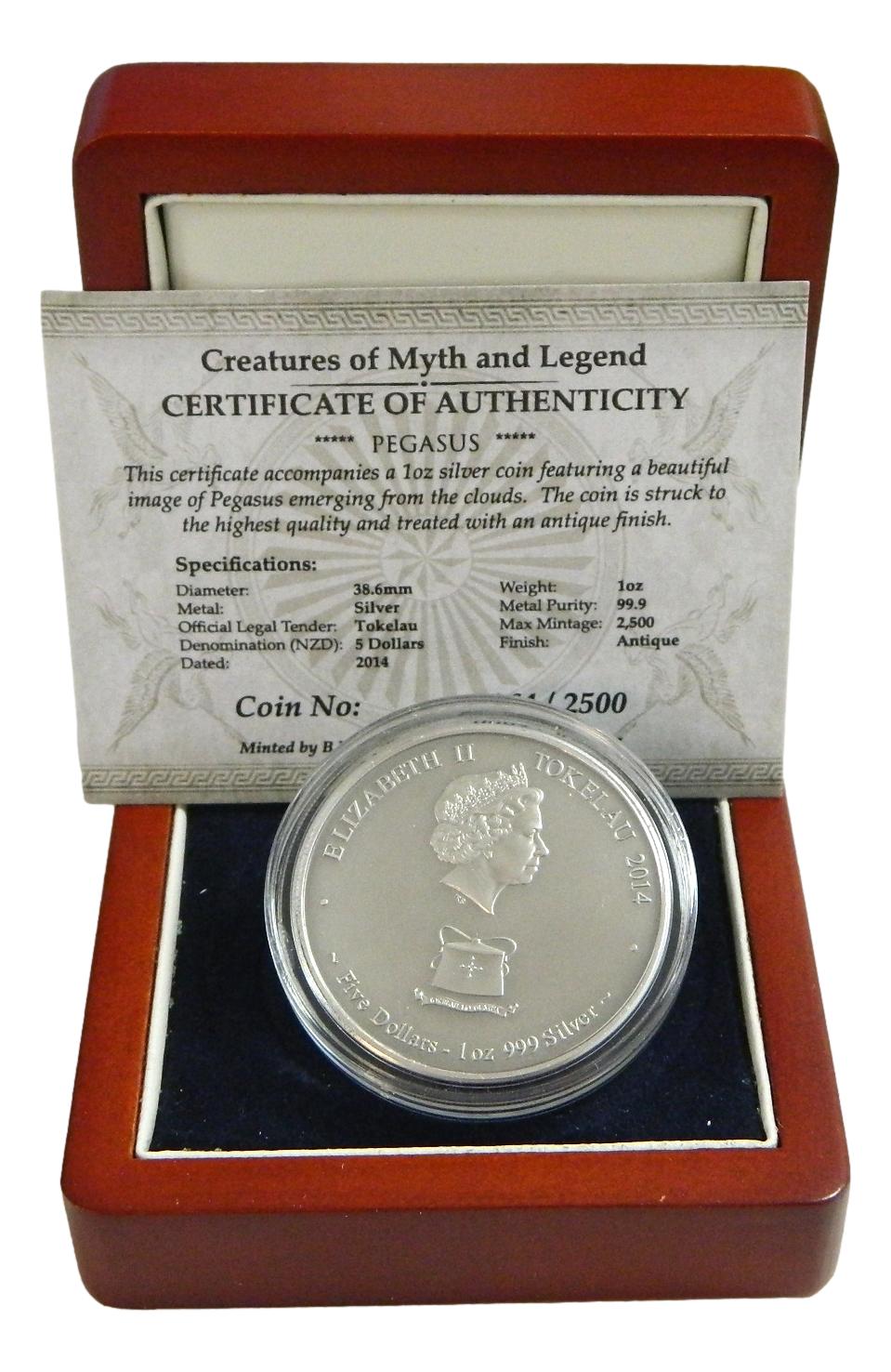 2014 - TOKELAU - 5 DOLLARS - ONZA PLATA - PEGASO - ANTIQUE FINISH
