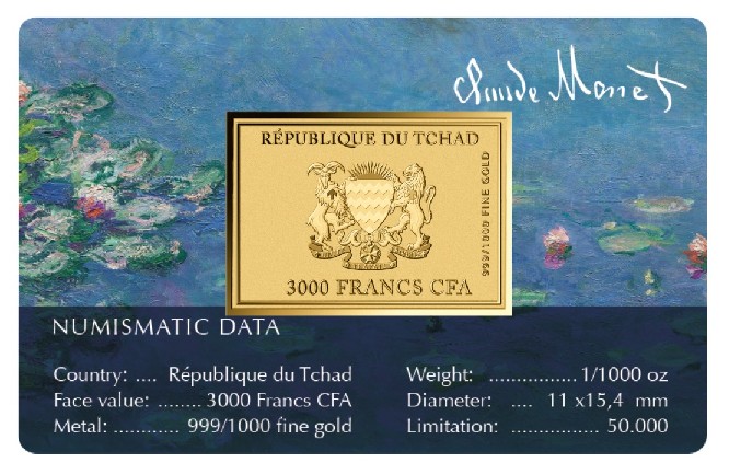 WATERLILIES - CLAUDE MONET - MONEDA DE ORO FINO - 1/1000 OZ - 3000 FRANCS CFA - TCHAD - COINCARD