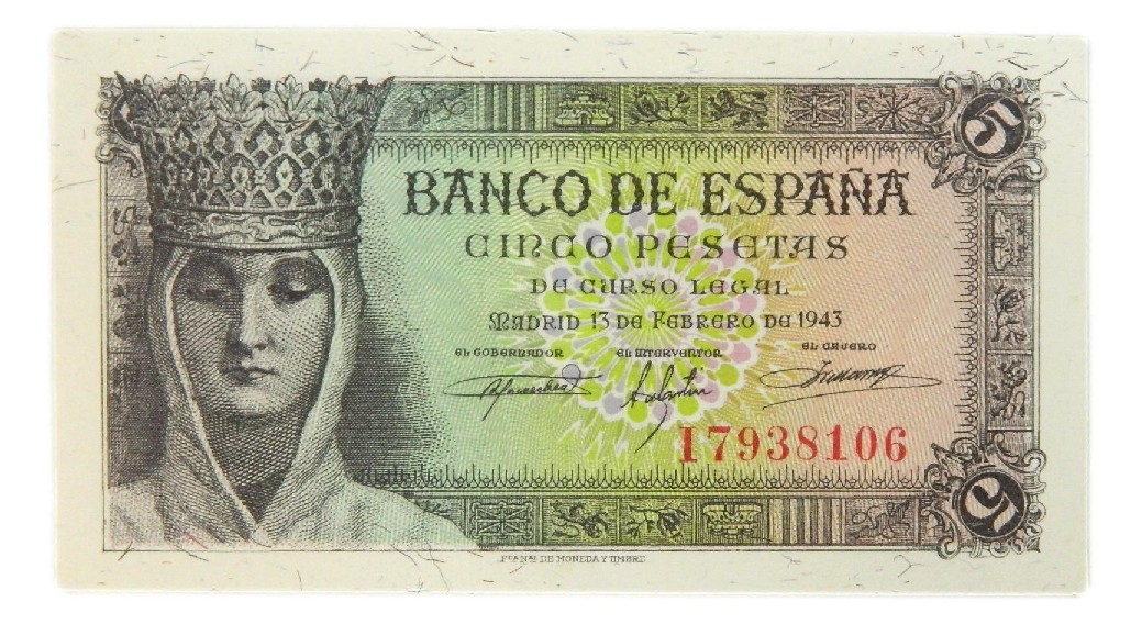 1943 - ESPAÑA - 5 PESETAS - ISABEL LA CATOLICA - BILLETE  - EBC