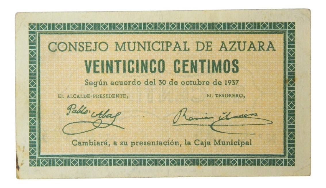 1937 - ESPAÑA - BILLETE - 25 CENTIMOS - SERIE C -  AZUARA - MBC