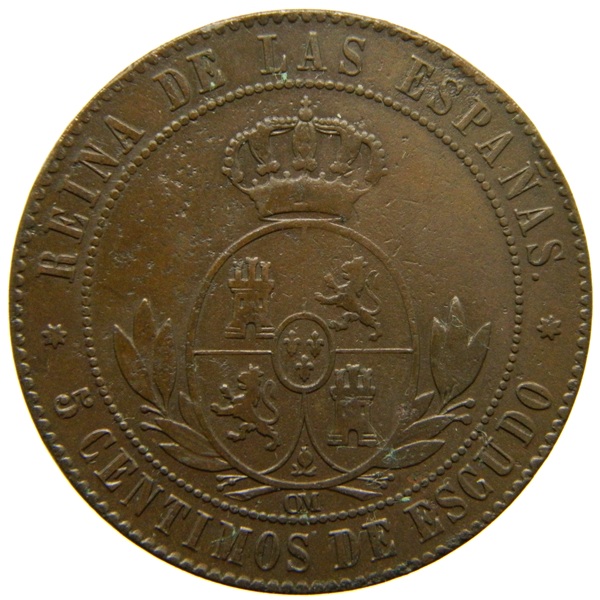 1867 OM - ISABEL II - 5 CENTIMOS DE ESCUDO - SEVILLA - MBC - S13/768