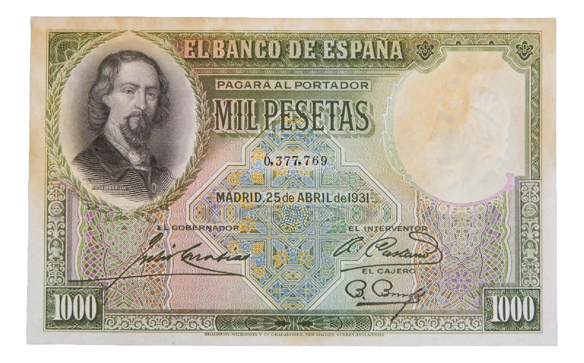 1931 - ESPAÑA - BILLETE - 1000 PESETAS - JOSÉ ZORRILLA - PLANCHA
