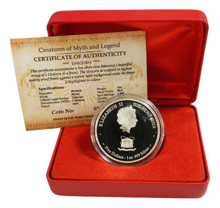 2014 - TOKELAU - 5 DOLLARS - ONZA PLATA PROOF - UNICORNIO - BOSQUE - COLOR