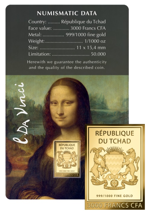 MONNA LISA - LA GIOCONDA - LEONARDO DA VINCI -  MONEDA DE ORO FINO - 1/1000 OZ - 3000 FRANCS CFA - TCHAD - COINCARD