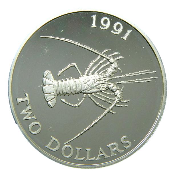 1991 - BERMUDA - 2 DOLARES - LANGOSTA - PLATA PROOF