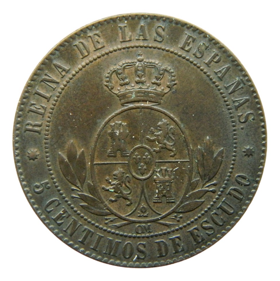 1868 OM - ISABEL II - 5 CENTIMOS DE ESCUDO - BARCELONA
