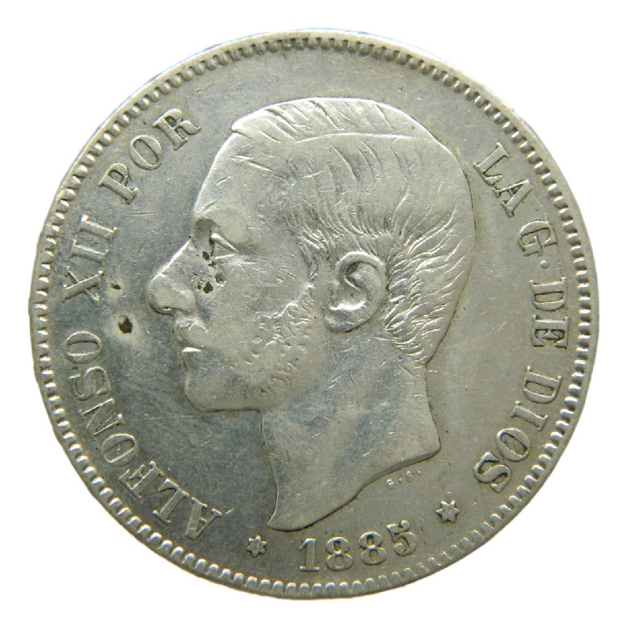 1885 *18-86 - ALFONSO XII - 5 PESETAS - MSM - PLATA - BC