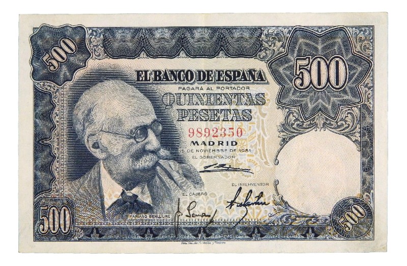 1951 - ESPAÑA - BILLETE - 500 PESETAS - MARIANO BENLLIURE - SIN SERIE - MBC
