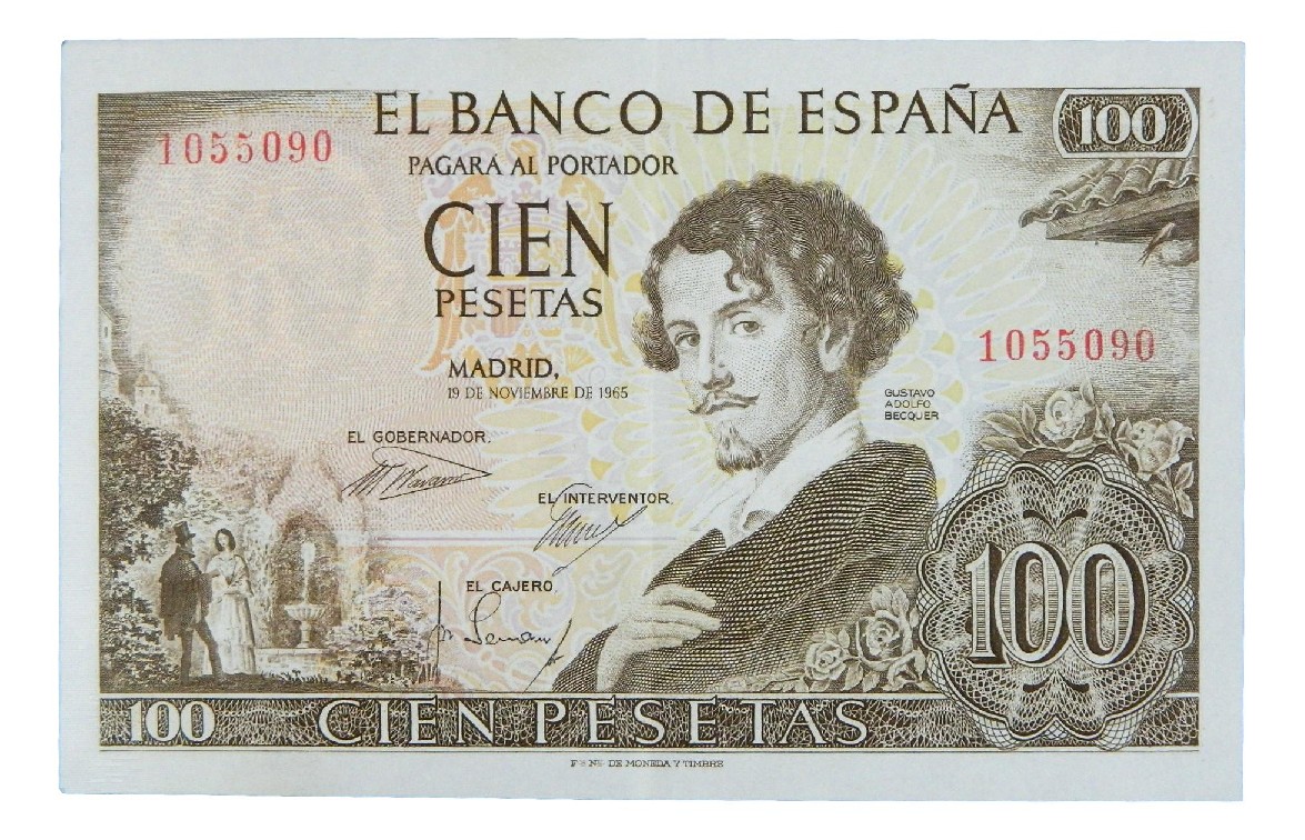 1965 - ESPAÑA - BILLETE - 100 PESETAS - GUSTAVO ADOLFO BECQUER - SIN SERIE - EBC-
