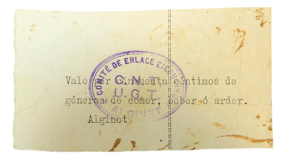 ALGINET - BILLETE - 50 CENTIMOS - AT-153 - COMITÉ DE ENLACE EJECUTIVO