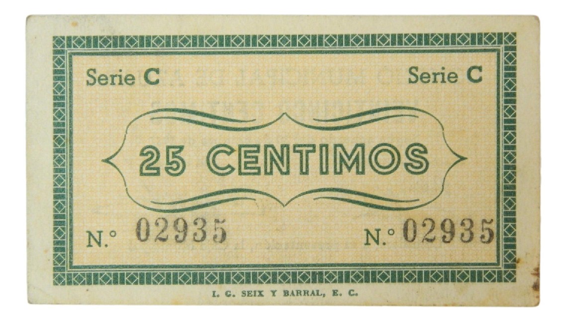 1937 - ESPAÑA - BILLETE - 25 CENTIMOS - SERIE C -  AZUARA - MBC