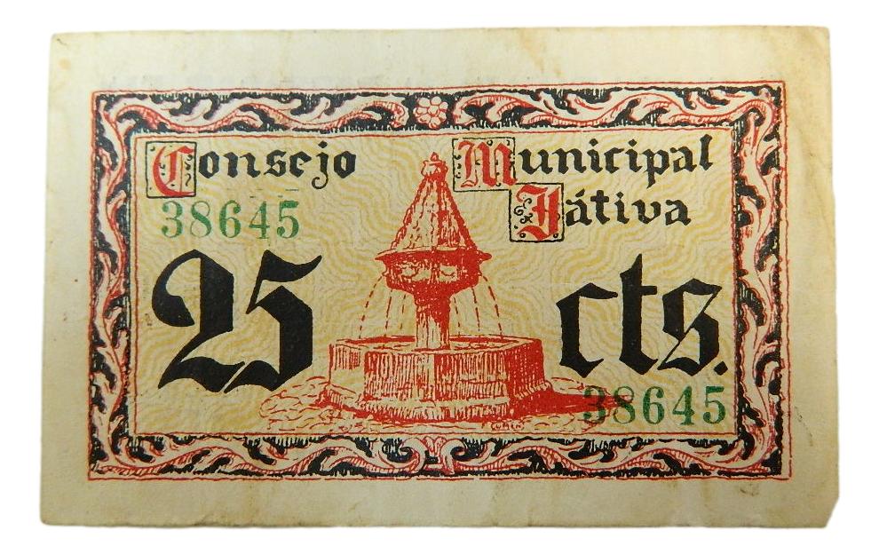 JATIVA - BILLETE- 25 CENTIMOS - AGB 792 A - 5 JUNIO 1937 - SIN SERIE - MBC+