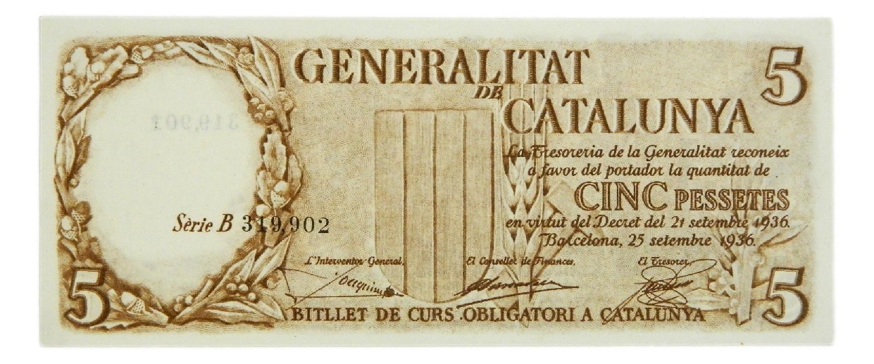 1936 - GENERALITAT DE CATALUNYA - 5 PESETAS - SERIE B - EBC+